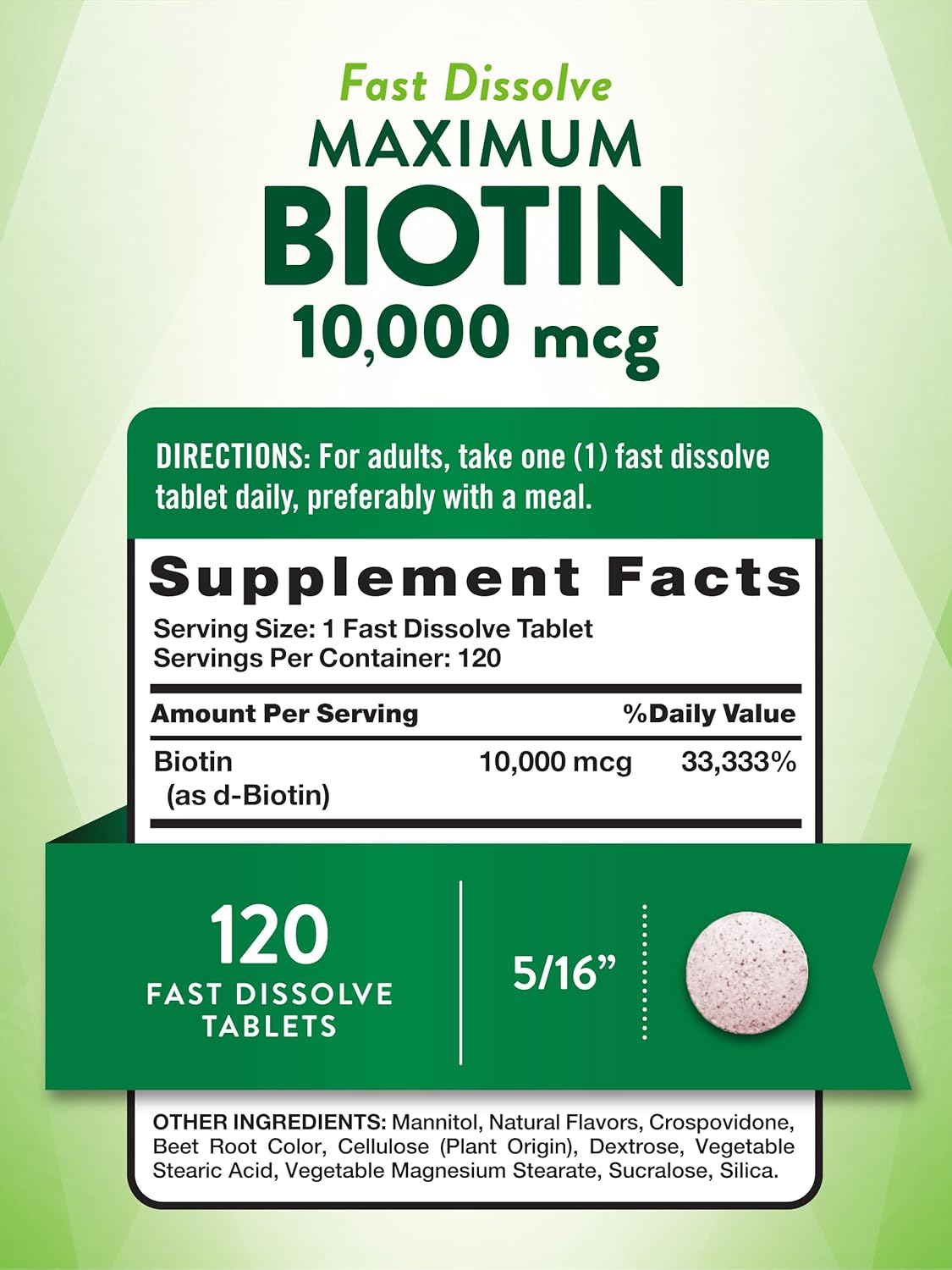 Maximum Strength Biotin 10000mcg Fast Dissolve Tablets - Hair Skin Nails Supplement - Natural Berry Flavor - Vegetarian & Non-GMO - 120 Count