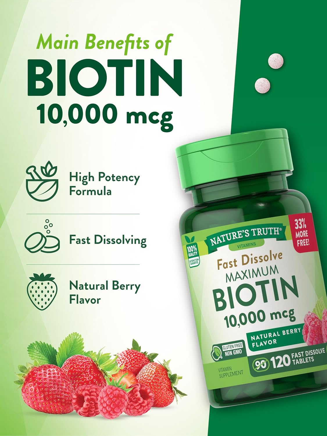 Maximum Strength Biotin 10000mcg Fast Dissolve Tablets - Hair Skin Nails Supplement - Natural Berry Flavor - Vegetarian & Non-GMO - 120 Count