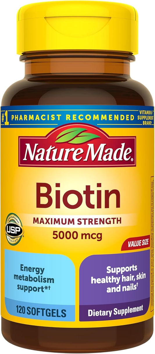 Maximum Strength Biotin 5000 mcg Supplement for Healthy Hair, Skin & Nails - 120 Softgels
