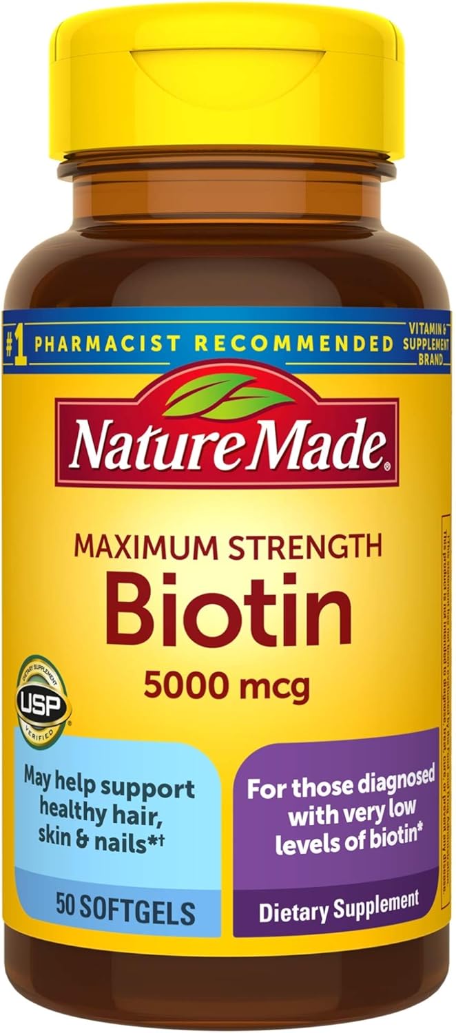 Maximum Strength Biotin 5000 mcg Supplement for Healthy Hair, Skin & Nails - 50 Softgels
