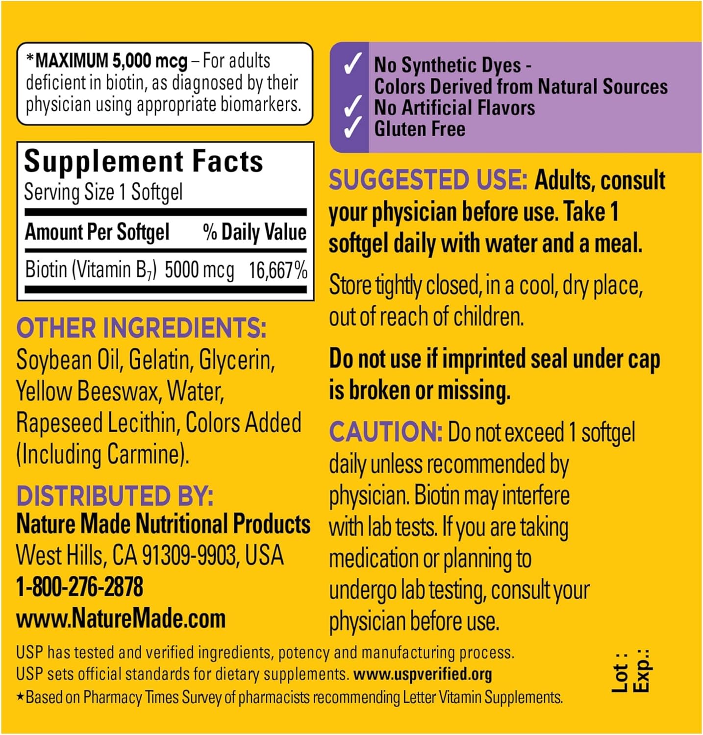 Maximum Strength Biotin 5000 mcg Supplement for Healthy Hair, Skin & Nails - 50 Softgels