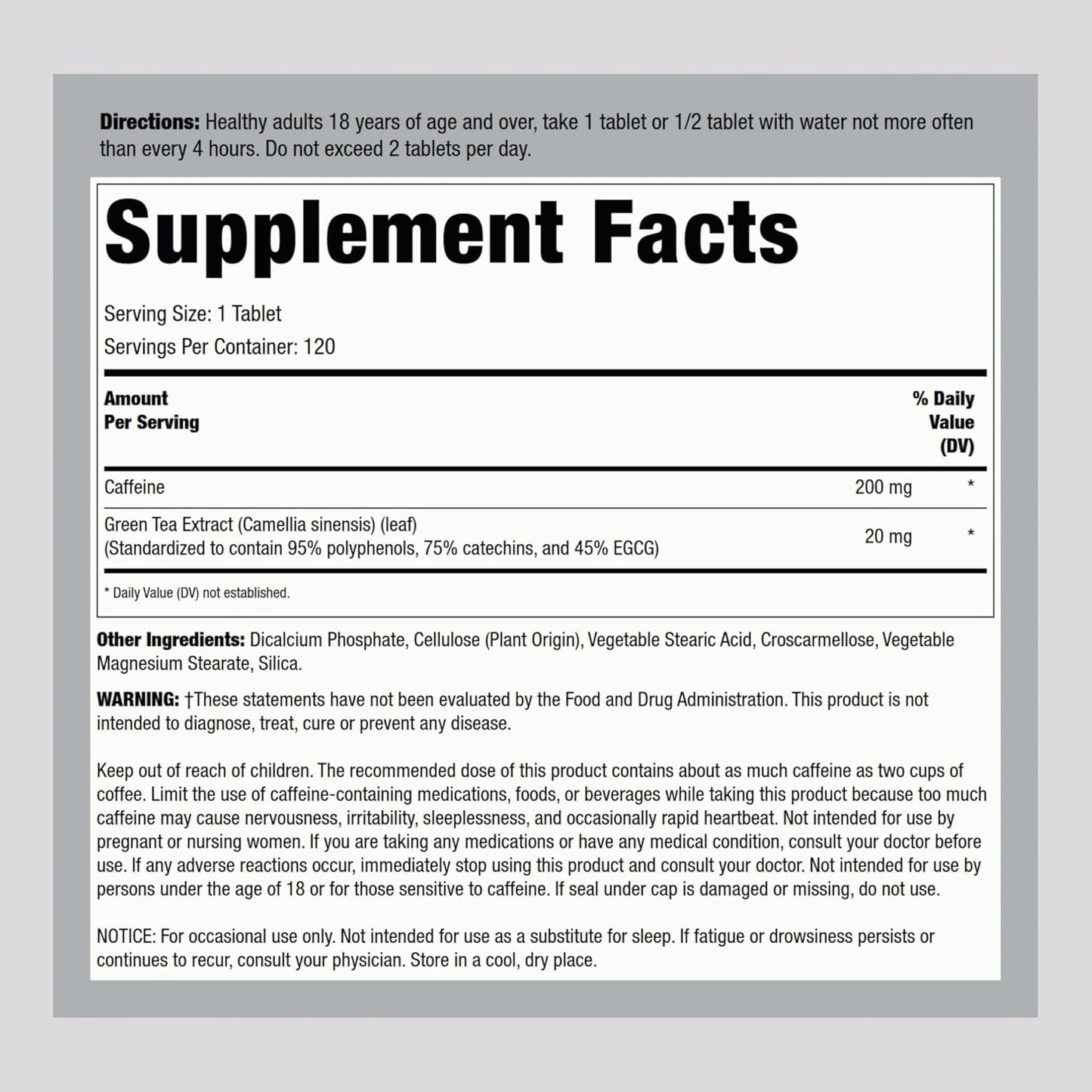 Maximum Strength Caffeine Pills with Green Tea Extract - 200mg, 120 Tablets - Vegetarian, Non-GMO, Gluten Free
