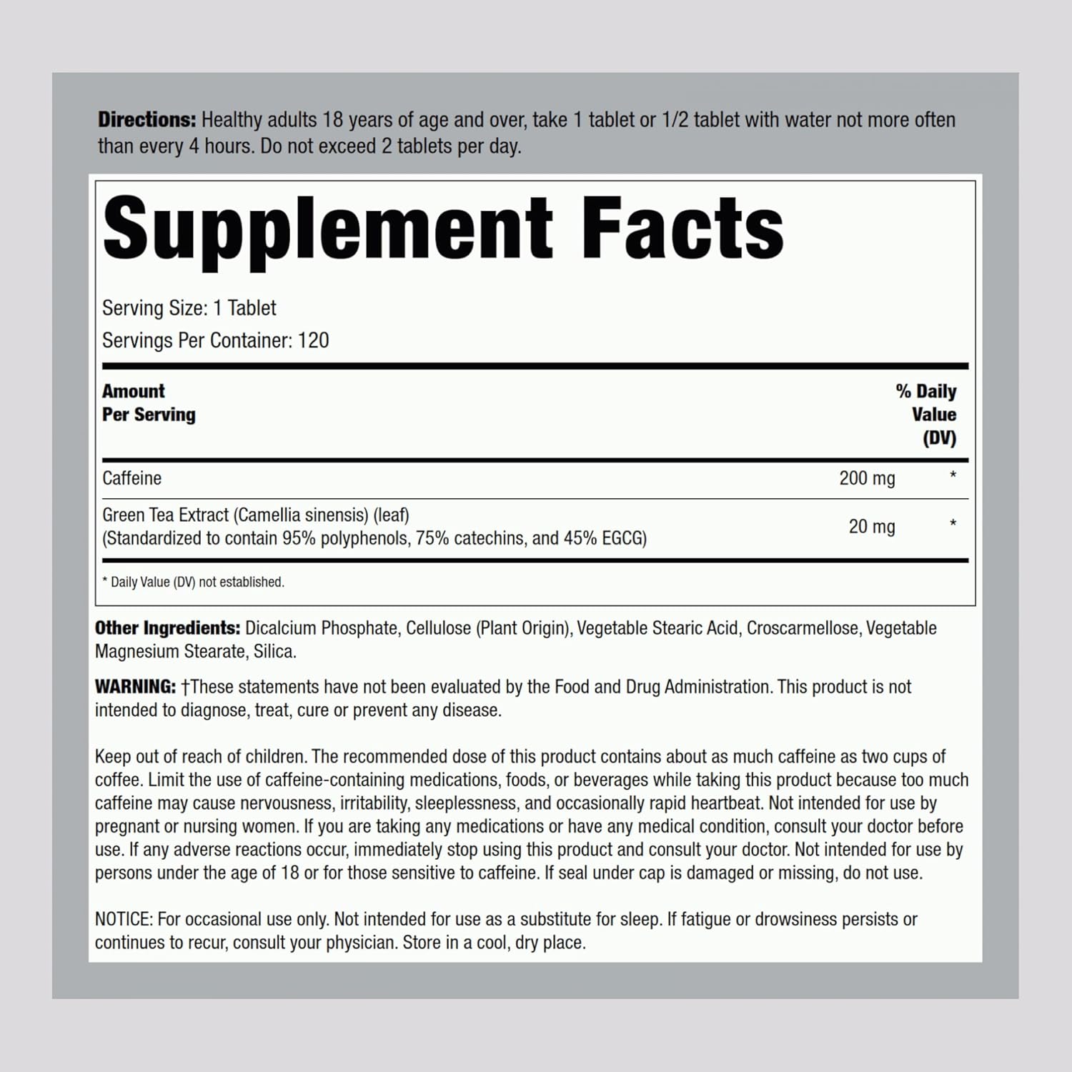 Maximum Strength Caffeine Pills with Green Tea Extract - 200mg, 120 Tablets - Vegetarian, Non-GMO, Gluten Free