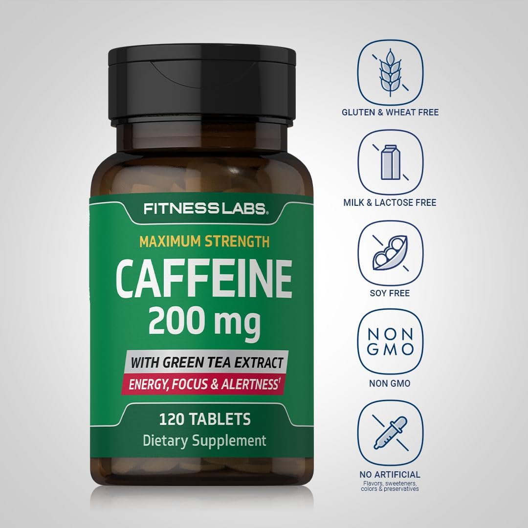Maximum Strength Caffeine Pills with Green Tea Extract - 200mg, 120 Tablets - Vegetarian, Non-GMO, Gluten Free