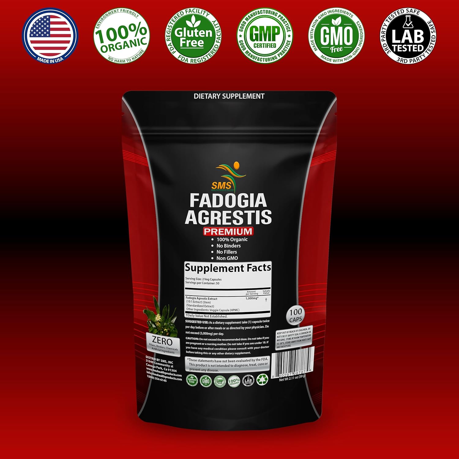 Maximum Strength Fadogia Agrestis Extract Pills - 1,000mg Servings for Athletic Performance | Organic Non GMO Supplement - 100 Veggie Capsules