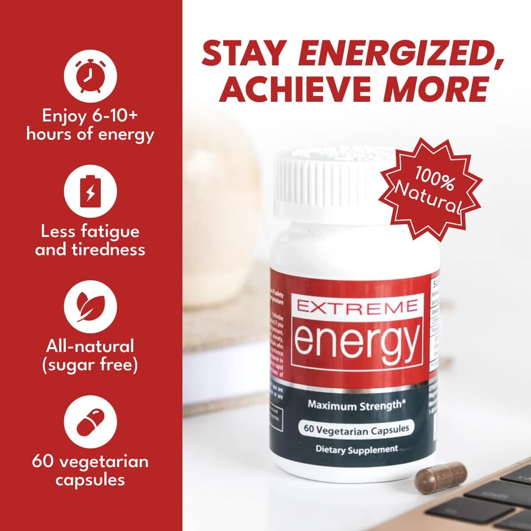 Maximum Strength Herbal Nitro Extreme Energy Pills - All-Natural Supplements for Fatigue, Focus, Motivation - Long-Lasting Energy, No Crash, Jitters, Sugar - 60 Ct
