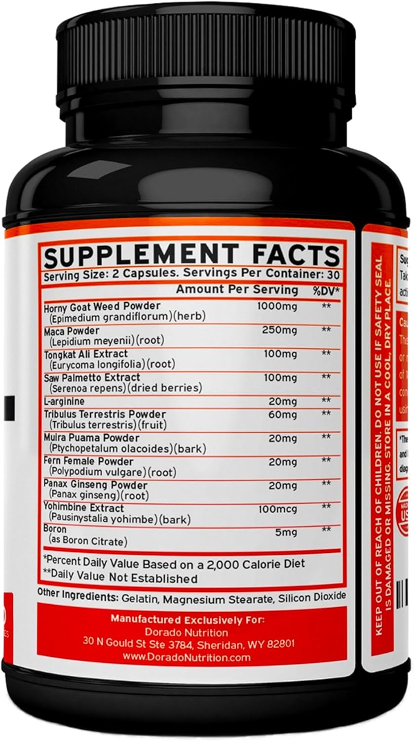 Maximum Strength Horny Goat Weed Supplement for Men and Women - 1590mg with Maca, Ginseng, L-Arginine, Tribulus - Premium Hornygoatweed Capsules - Icariin Epimedium - 3rd Party Tested - Made in USA - 60 Count