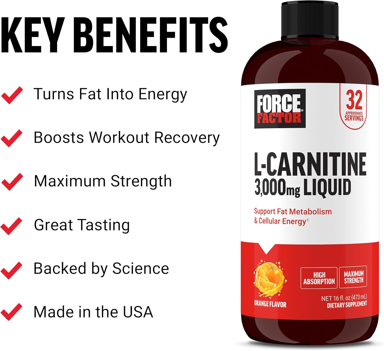 Maximum Strength Liquid L-Carnitine Supplement, 3000 mg, Orange Flavor - Boost Energy, Muscle Recovery, Cellular Health - Non-GMO - 16 Oz Bottle