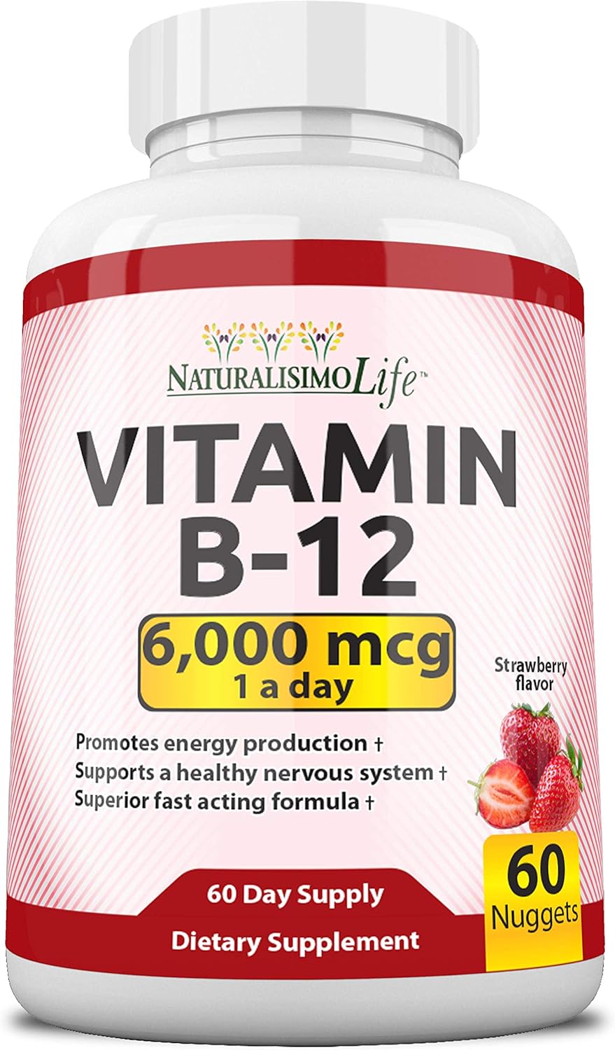 Maximum Strength NaturalisimoLife Vitamin B12 6,000 mcg Nuggets for Energy & Nervous System Support - Strawberry Flavor, 60 Count