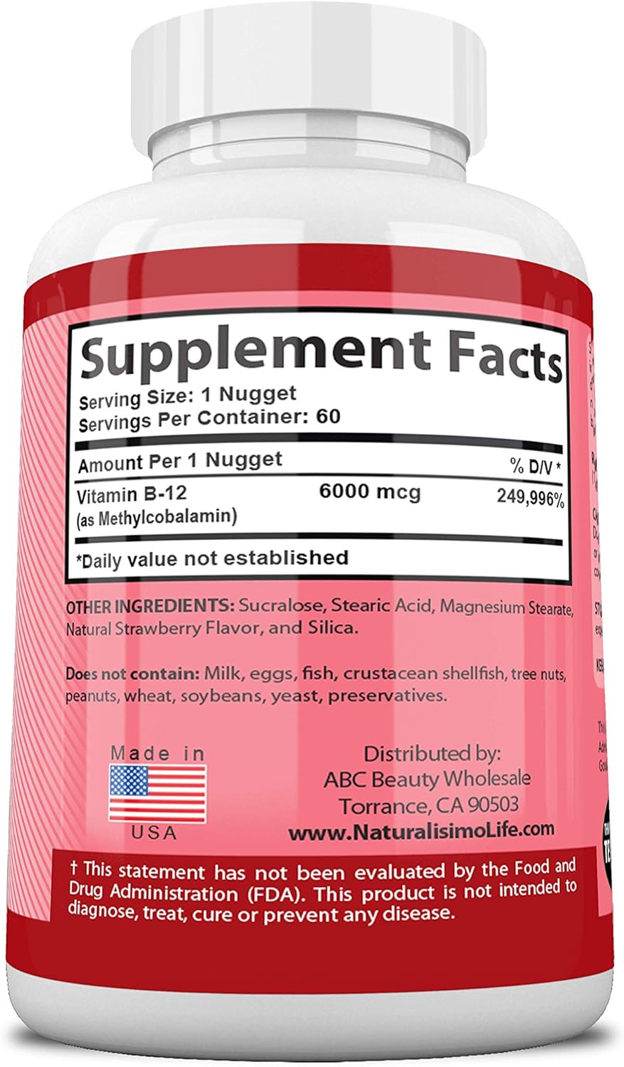 Maximum Strength NaturalisimoLife Vitamin B12 6,000 mcg Nuggets for Energy & Nervous System Support - Strawberry Flavor, 60 Count