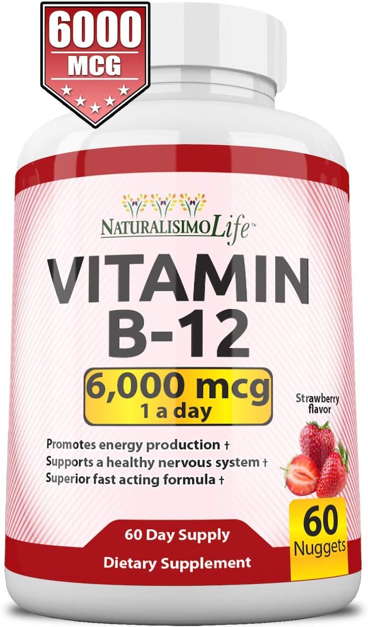 Maximum Strength NaturalisimoLife Vitamin B12 6,000 mcg Nuggets for Energy & Nervous System Support - Strawberry Flavor, 60 Count