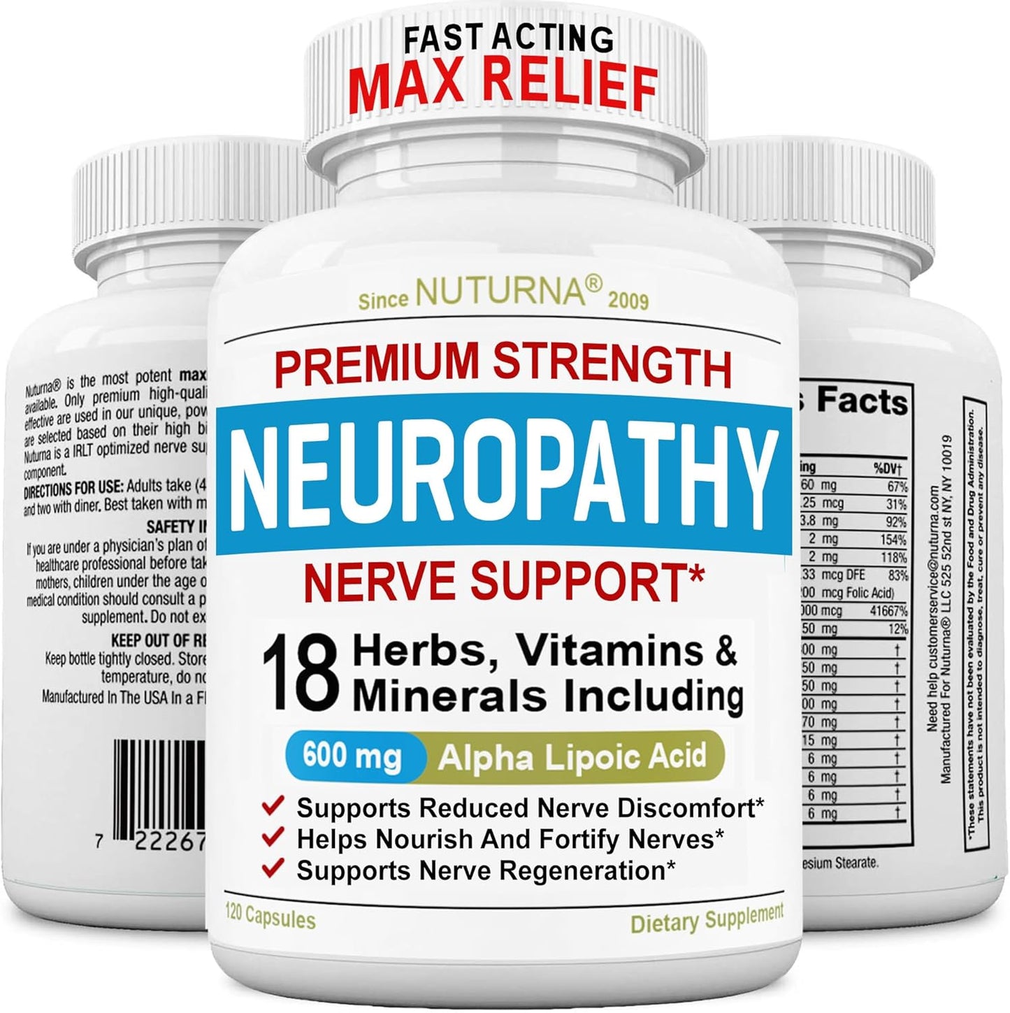 Maximum Strength Neuropathy Support Supplement - 600mg Alpha Lipoic Acid - Fortify Nerves in Hands, Feet, Fingers, & Toes - Peripheral Relief - 120 Capsules