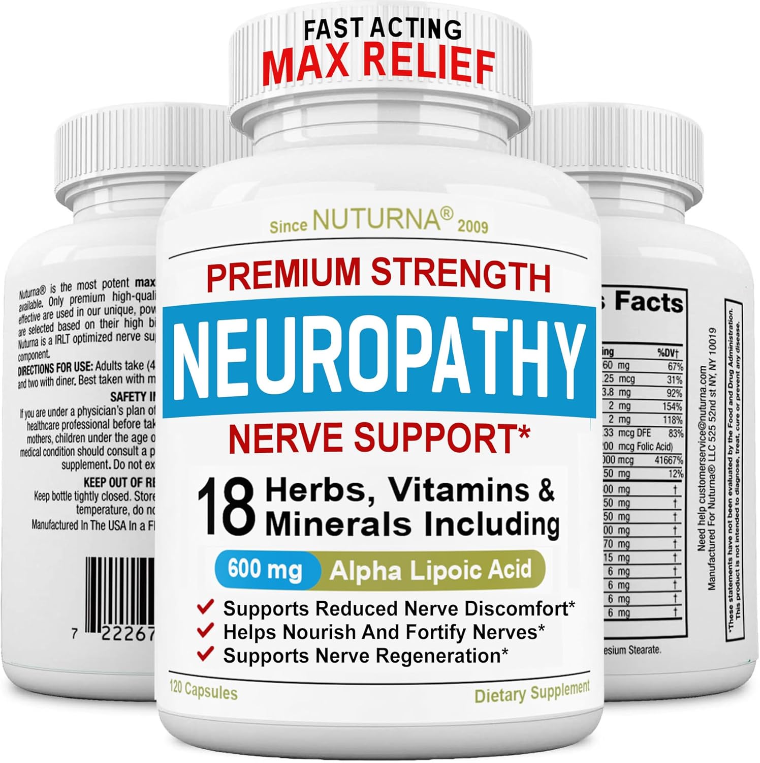 Maximum Strength Neuropathy Support Supplement - 600mg Alpha Lipoic Acid - Fortify Nerves in Hands, Feet, Fingers, & Toes - Peripheral Relief - 120 Capsules