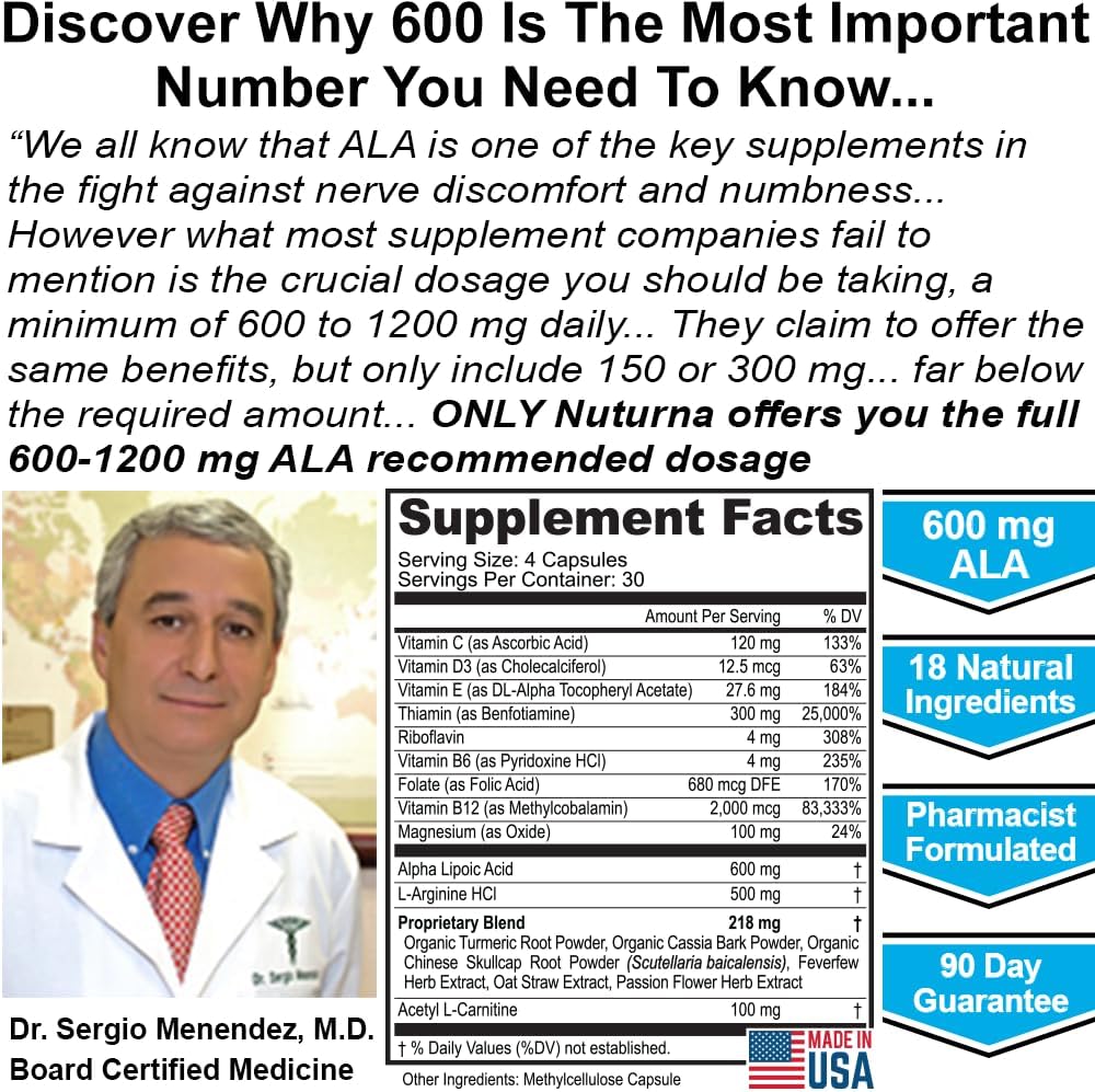 Maximum Strength Neuropathy Support Supplement - 600mg Alpha Lipoic Acid - Fortify Nerves in Hands, Feet, Fingers, & Toes - Peripheral Relief - 120 Capsules