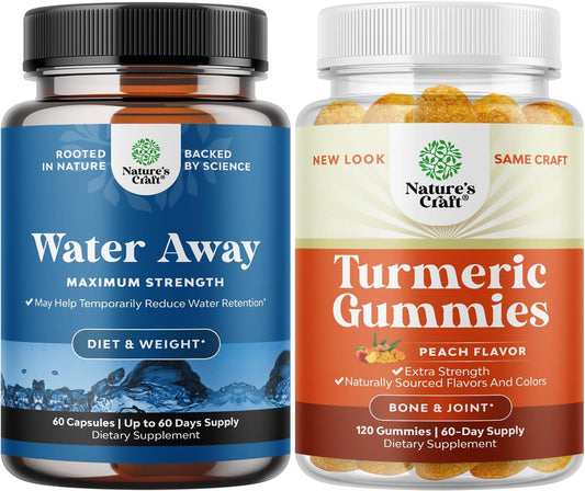 Maximum Strength Water Away Pills & Turmeric Gummies Bundle for Fast Bloating Relief - Peach Flavor Joint Support for Adults