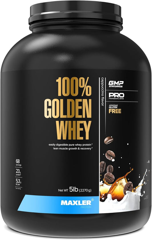 Maxler 100% Golden Whey Protein Powder - 23g per Serving - Pre, Post & Intra Workout Recovery - Fast-Absorbing Blend - Cappuccino Flavor - 5 lbs