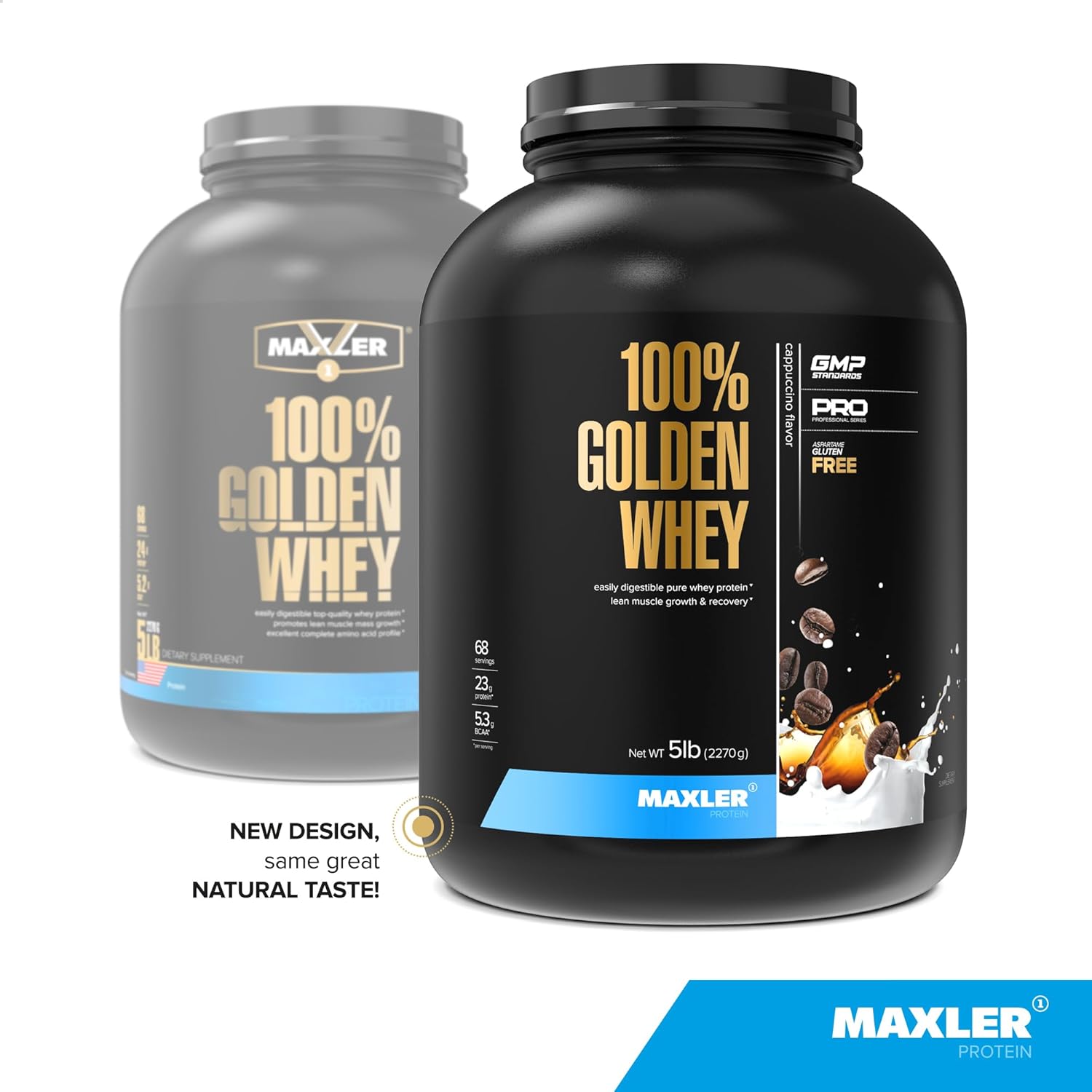 Maxler 100% Golden Whey Protein Powder - 23g per Serving - Pre, Post & Intra Workout Recovery - Fast-Absorbing Blend - Cappuccino Flavor - 5 lbs