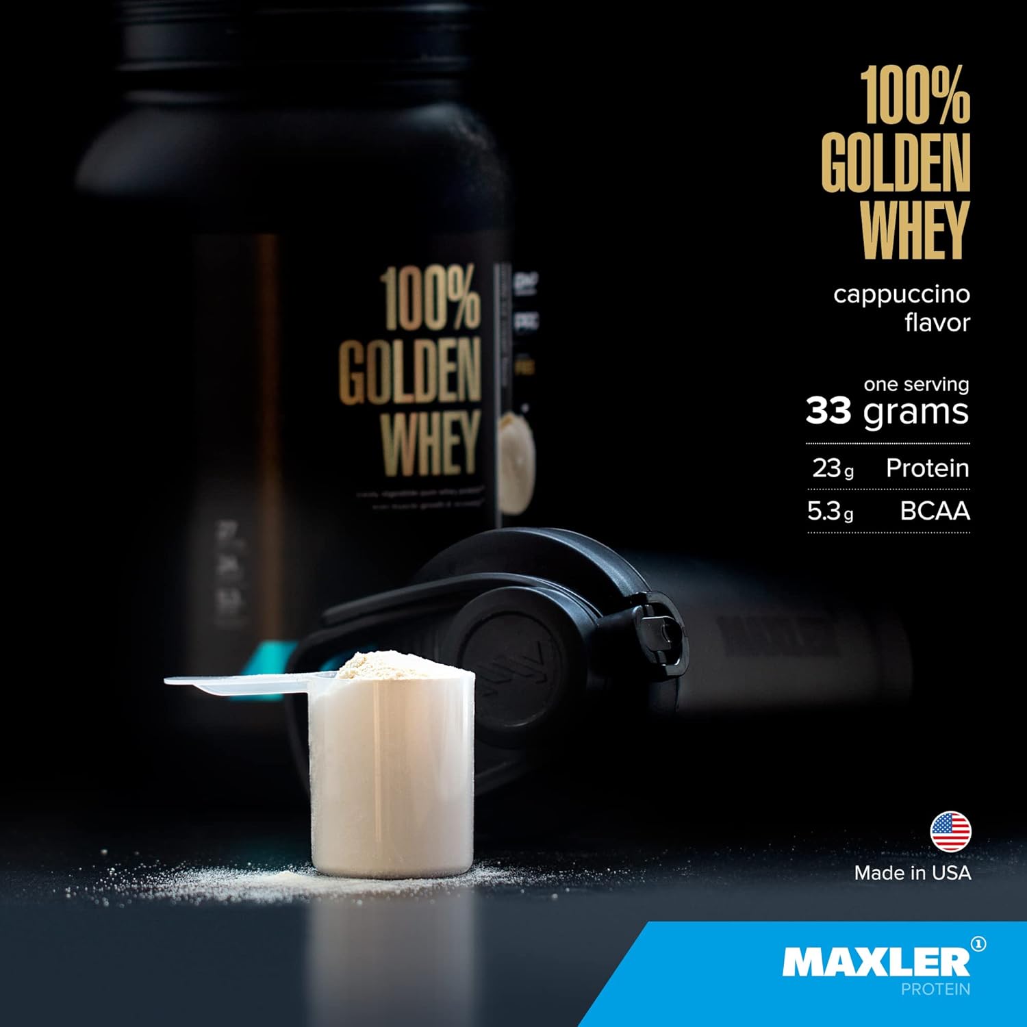 Maxler 100% Golden Whey Protein Powder - 23g per Serving - Pre, Post & Intra Workout Recovery - Fast-Absorbing Blend - Cappuccino Flavor - 5 lbs