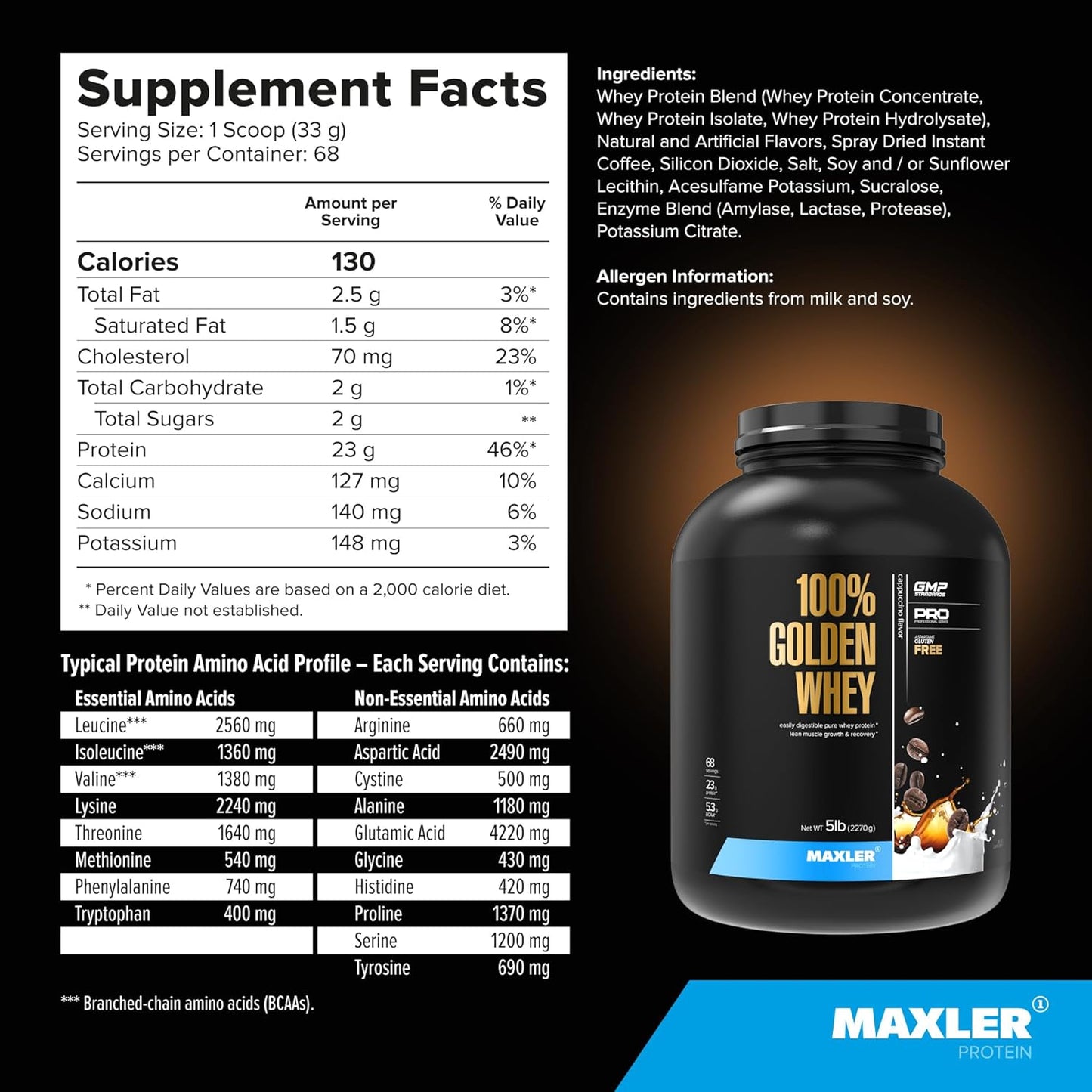 Maxler 100% Golden Whey Protein Powder - 23g per Serving - Pre, Post & Intra Workout Recovery - Fast-Absorbing Blend - Cappuccino Flavor - 5 lbs