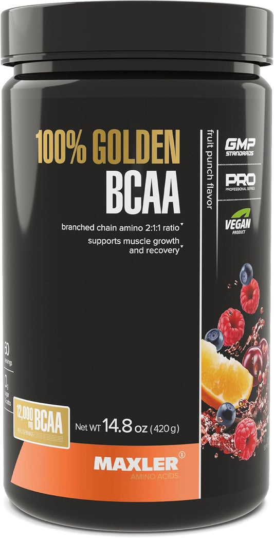 Maxler Golden BCAA Powder: Vegan Intra & Post Workout Drink for Muscle Recovery & Growth - Fruit Punch - 60 Servings