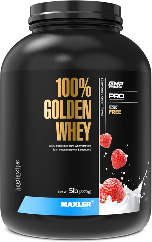 Maxler Golden Whey Protein Powder - 23g Protein per Serving - Pre/Post/Intra Workout - Fast-Absorbing Blend - Strawberry Cream 5 lbs