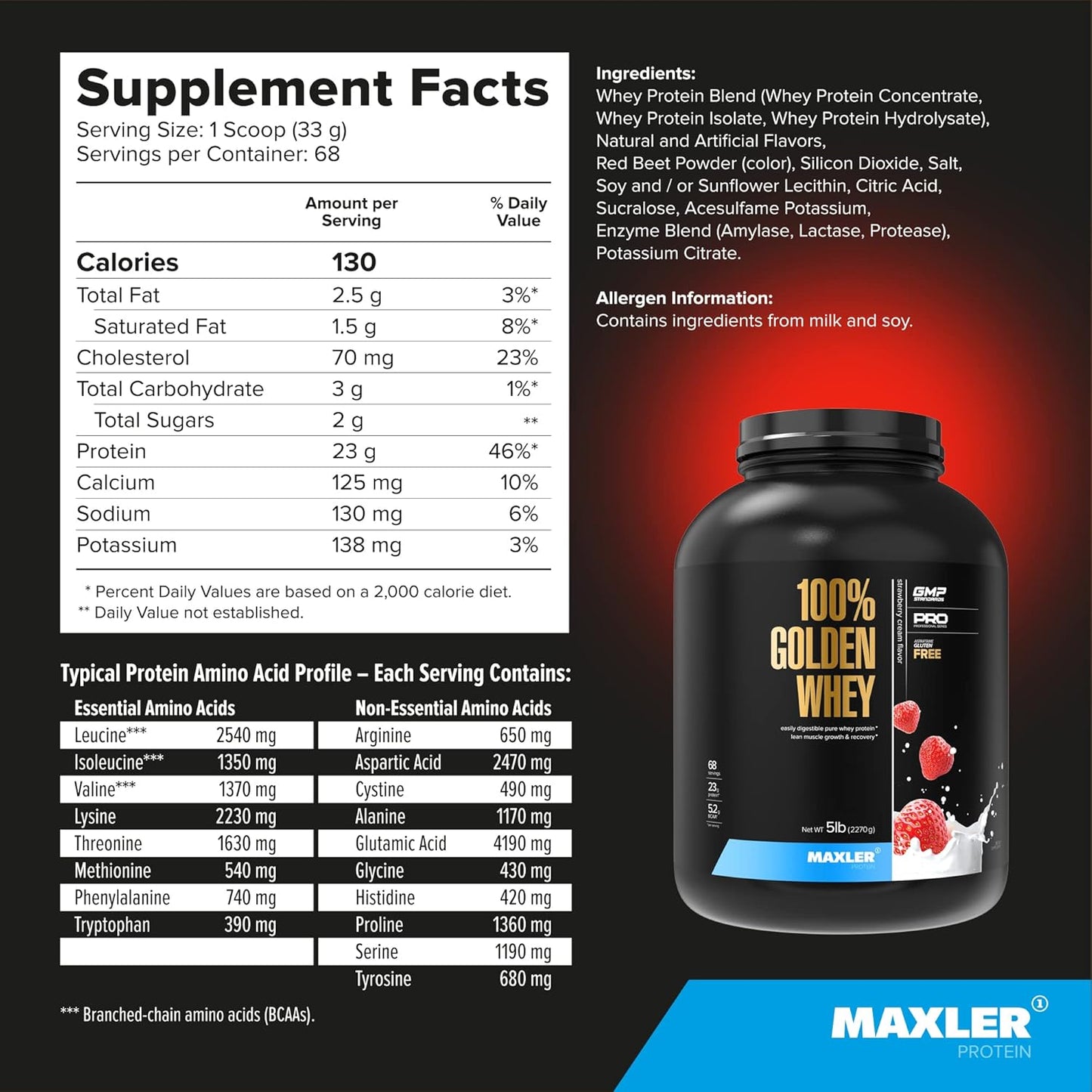 Maxler Golden Whey Protein Powder - 23g Protein per Serving - Pre/Post/Intra Workout - Fast-Absorbing Blend - Strawberry Cream 5 lbs