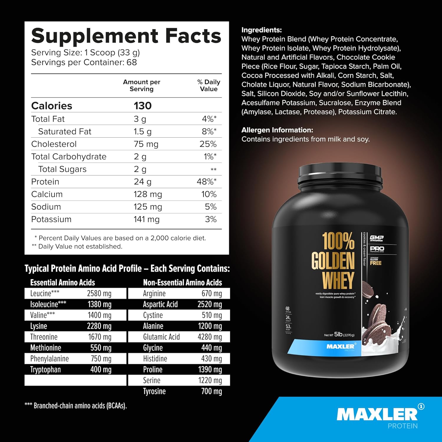 Maxler Golden Whey Protein Powder - 24g per Serving - Pre, Post & Intra Workout - Fast-Absorbing Blend - Cookies & Cream 5 lbs