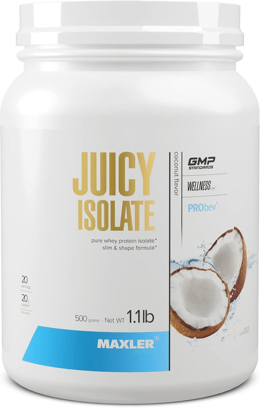 Maxler Juicy Isolate Protein Powder - Coconut Flavored Clear Whey Isolate - High Protein Muscle Recovery Drink - Low Lactose, Fat & Sugar Free - 1.1 lb (20 Servings)