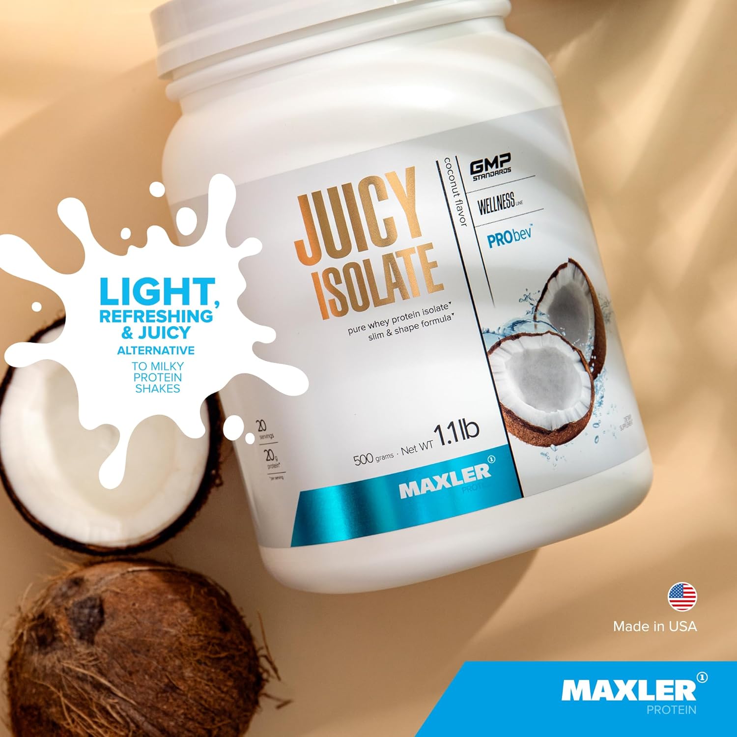 Maxler Juicy Isolate Protein Powder - Coconut Flavored Clear Whey Isolate - High Protein Muscle Recovery Drink - Low Lactose, Fat & Sugar Free - 1.1 lb (20 Servings)