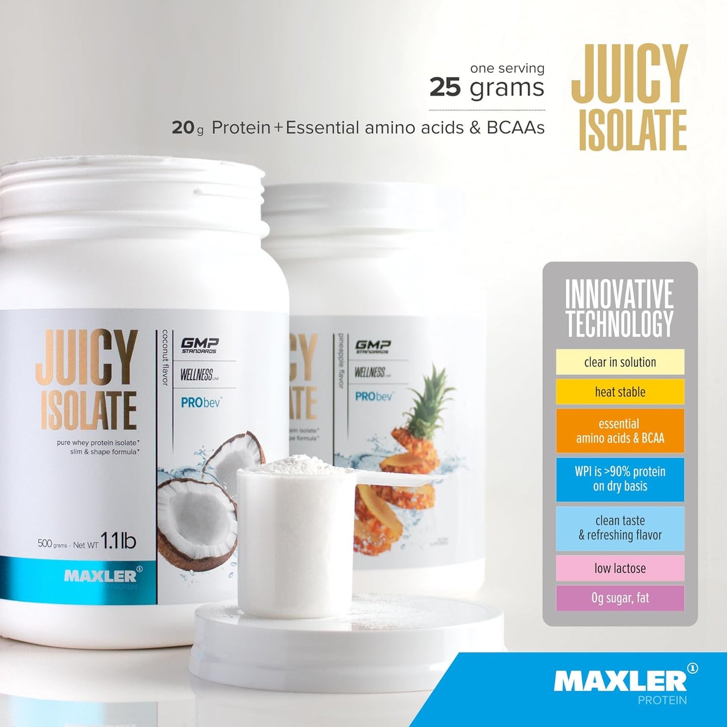 Maxler Juicy Isolate Protein Powder - Coconut Flavored Clear Whey Isolate - High Protein Muscle Recovery Drink - Low Lactose, Fat & Sugar Free - 1.1 lb (20 Servings)