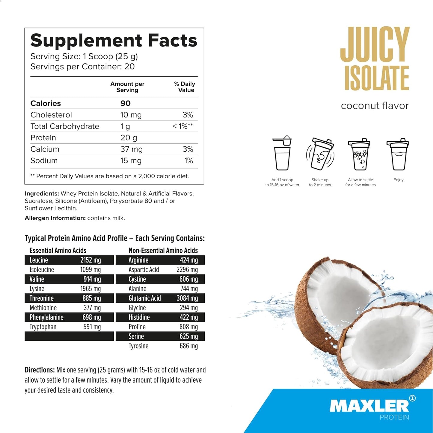 Maxler Juicy Isolate Protein Powder - Coconut Flavored Clear Whey Isolate - High Protein Muscle Recovery Drink - Low Lactose, Fat & Sugar Free - 1.1 lb (20 Servings)
