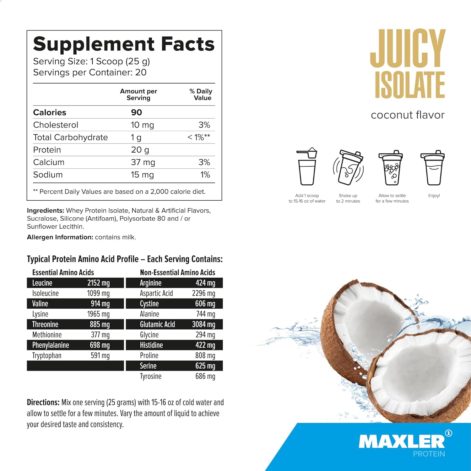Maxler Juicy Isolate Protein Powder - Coconut Flavored Clear Whey Isolate - High Protein Muscle Recovery Drink - Low Lactose, Fat & Sugar Free - 1.1 lb (20 Servings)