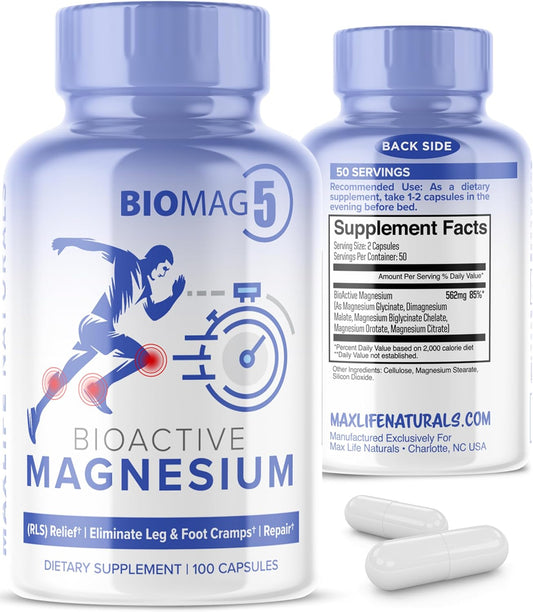 MAXLIFE NATURALS BioMag 5 Magnesium Complex Supplement - Restless Leg Syndrome Support - 100 Capsules
