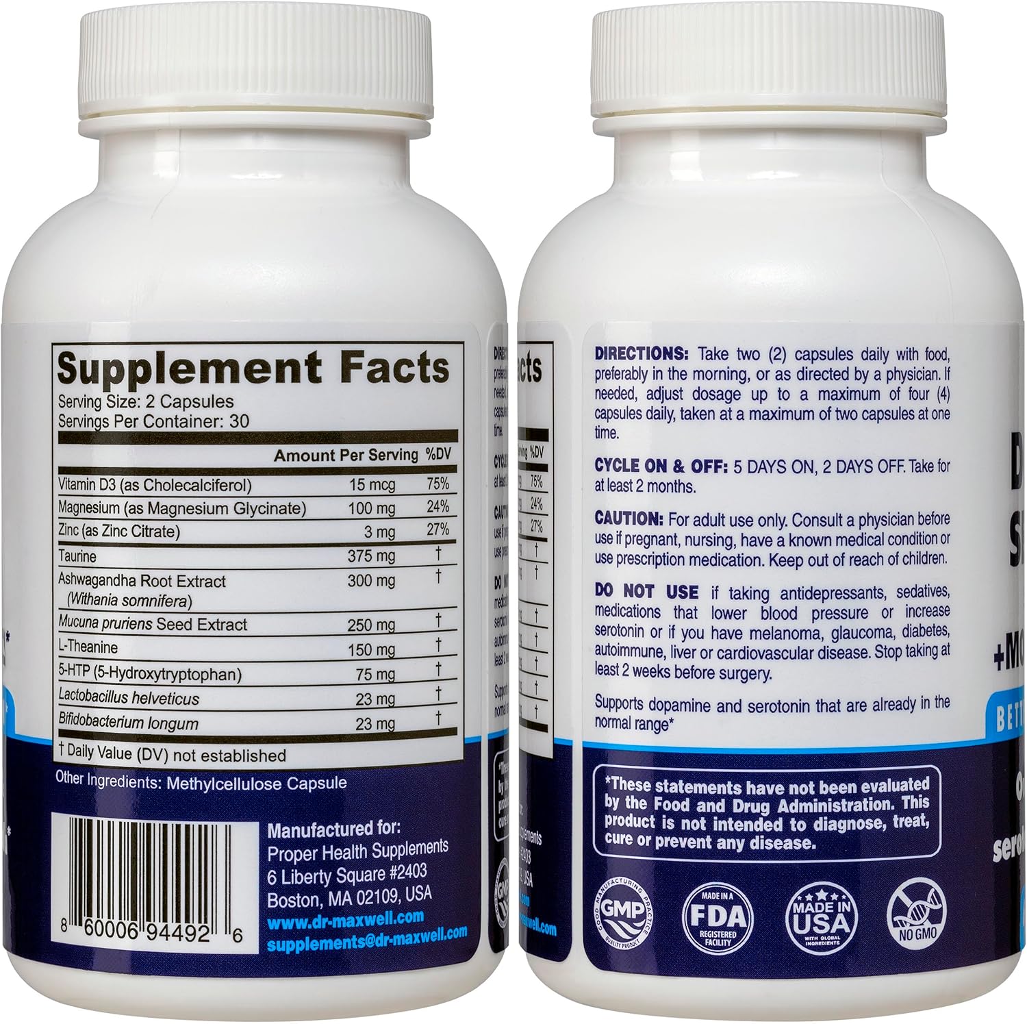 Maxwell Serotonin and Dopamine Supplements with Mood Probiotic - 5in1 Support for Dopamine, Serotonin, Mood, Relaxation, Focus & Brain - 60 Capsules