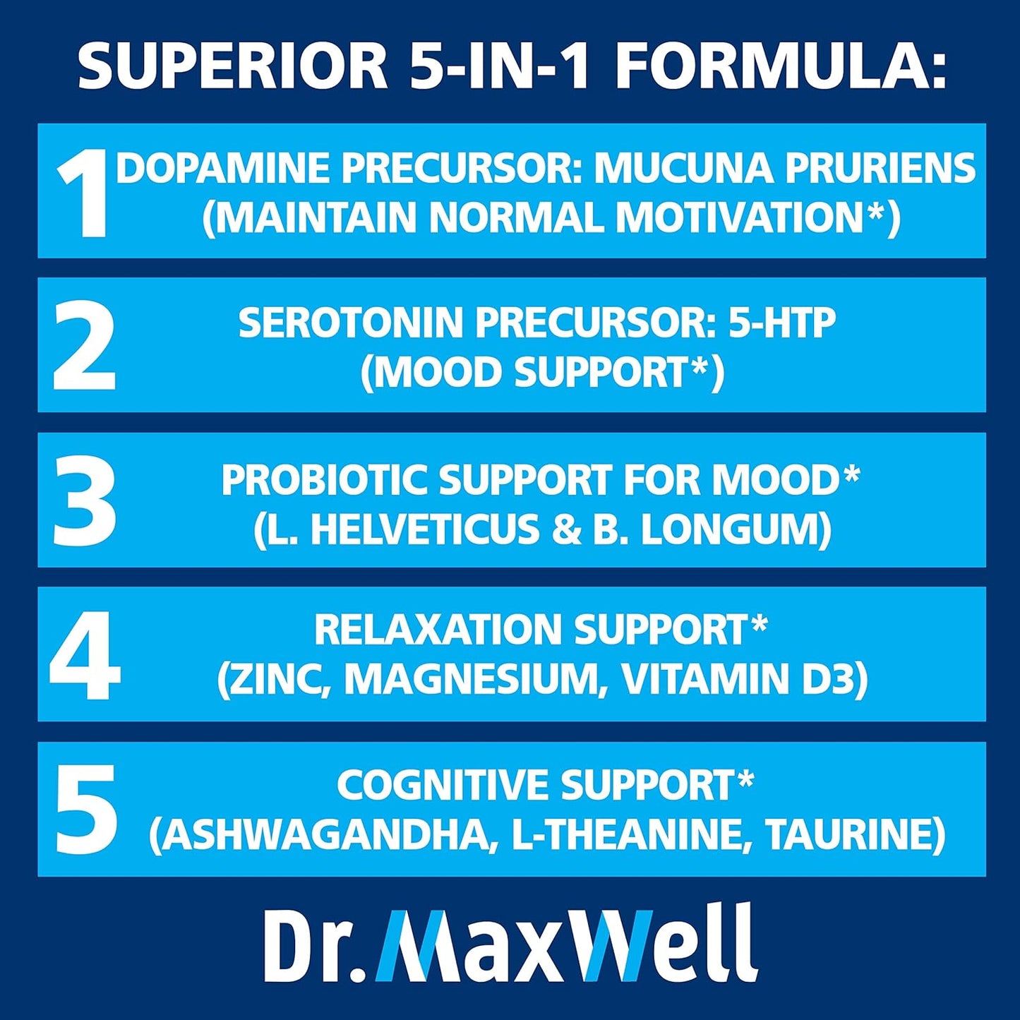 Maxwell Serotonin and Dopamine Supplements with Mood Probiotic - 5in1 Support for Dopamine, Serotonin, Mood, Relaxation, Focus & Brain - 60 Capsules