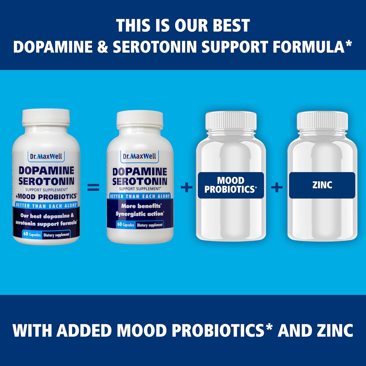Maxwell Serotonin and Dopamine Supplements with Mood Probiotic - 5in1 Support for Dopamine, Serotonin, Mood, Relaxation, Focus & Brain - 60 Capsules