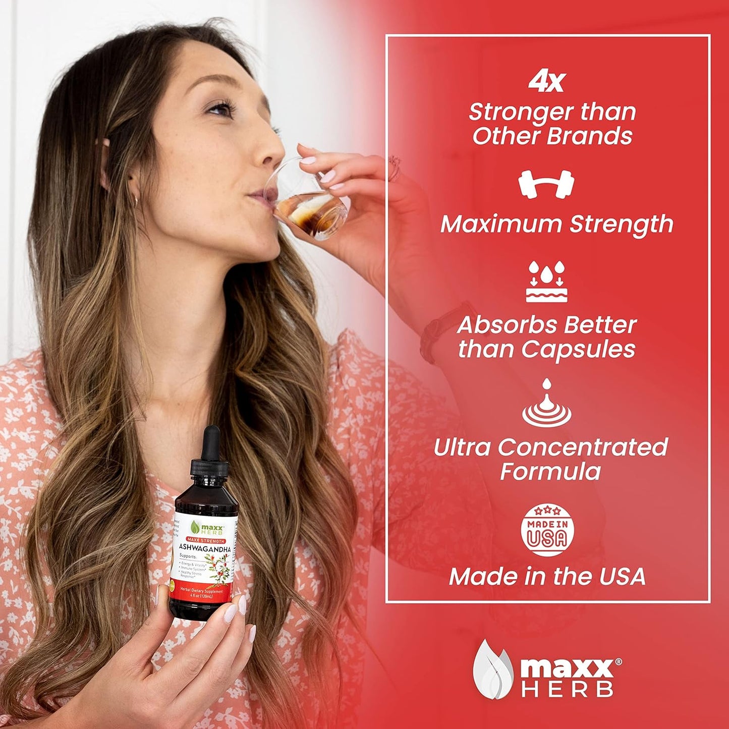 Maxx Herb Ashwagandha Liquid Extract - High Potency Tincture for Stamina, Memory, Immune Support - 4 Bottles, 4 Oz Each (240 Servings)