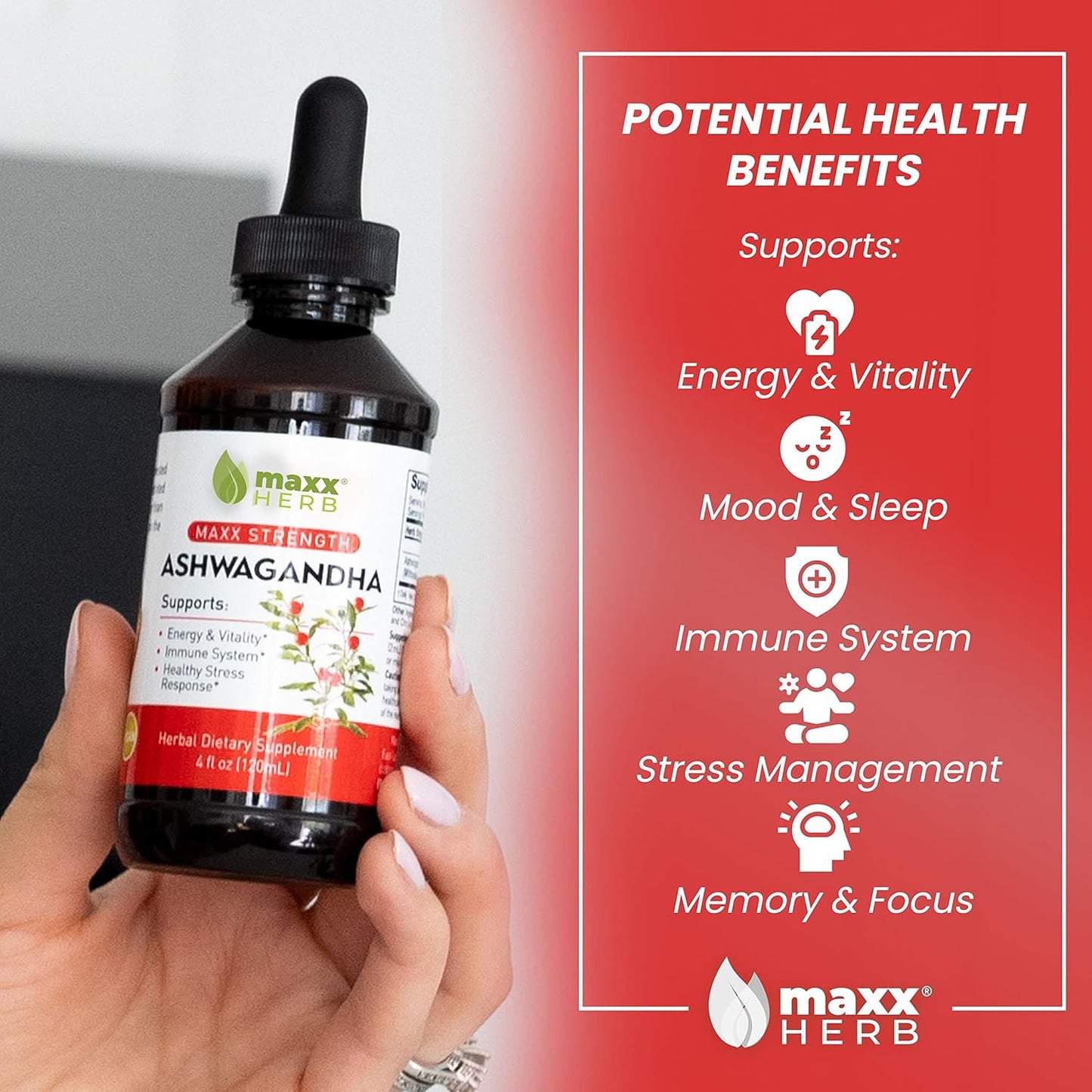 Maxx Herb Ashwagandha Liquid Extract - High Potency Tincture for Stamina, Memory, Immune Support - 4 Bottles, 4 Oz Each (240 Servings)