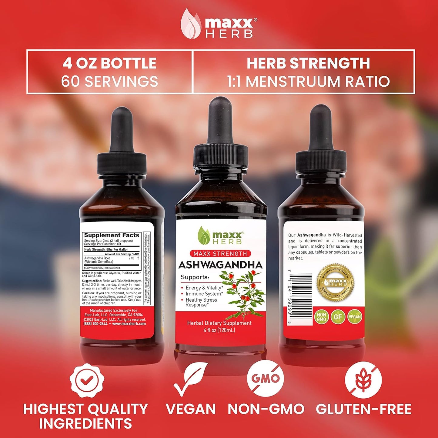 Maxx Herb Ashwagandha Liquid Extract - High Potency Tincture for Stamina, Memory, Immune Support - 4 Bottles, 4 Oz Each (240 Servings)