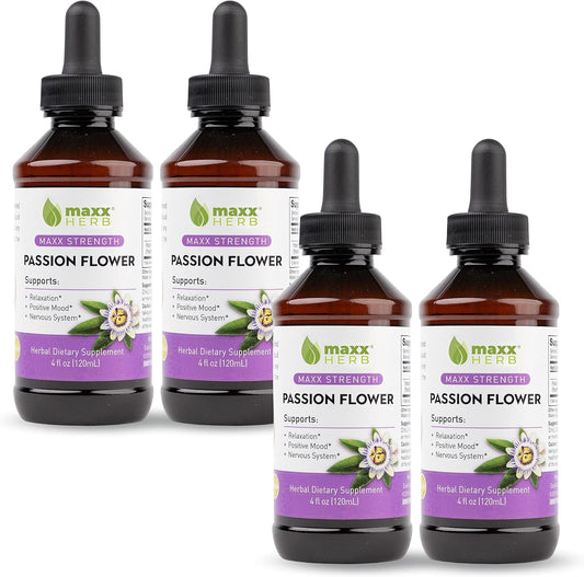 Maxx Herb Passion Flower Extract - High-Potency Liquid for Stress Relief and Relaxation, Alcohol-Free - 4 Bottles, 4 Oz Each (240 Servings)