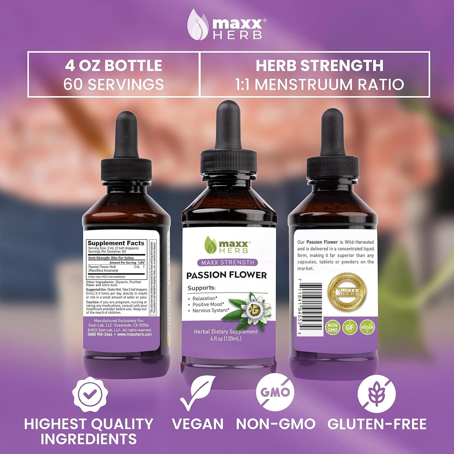 Maxx Herb Passion Flower Extract - High-Potency Liquid for Stress Relief and Relaxation, Alcohol-Free - 4 Bottles, 4 Oz Each (240 Servings)