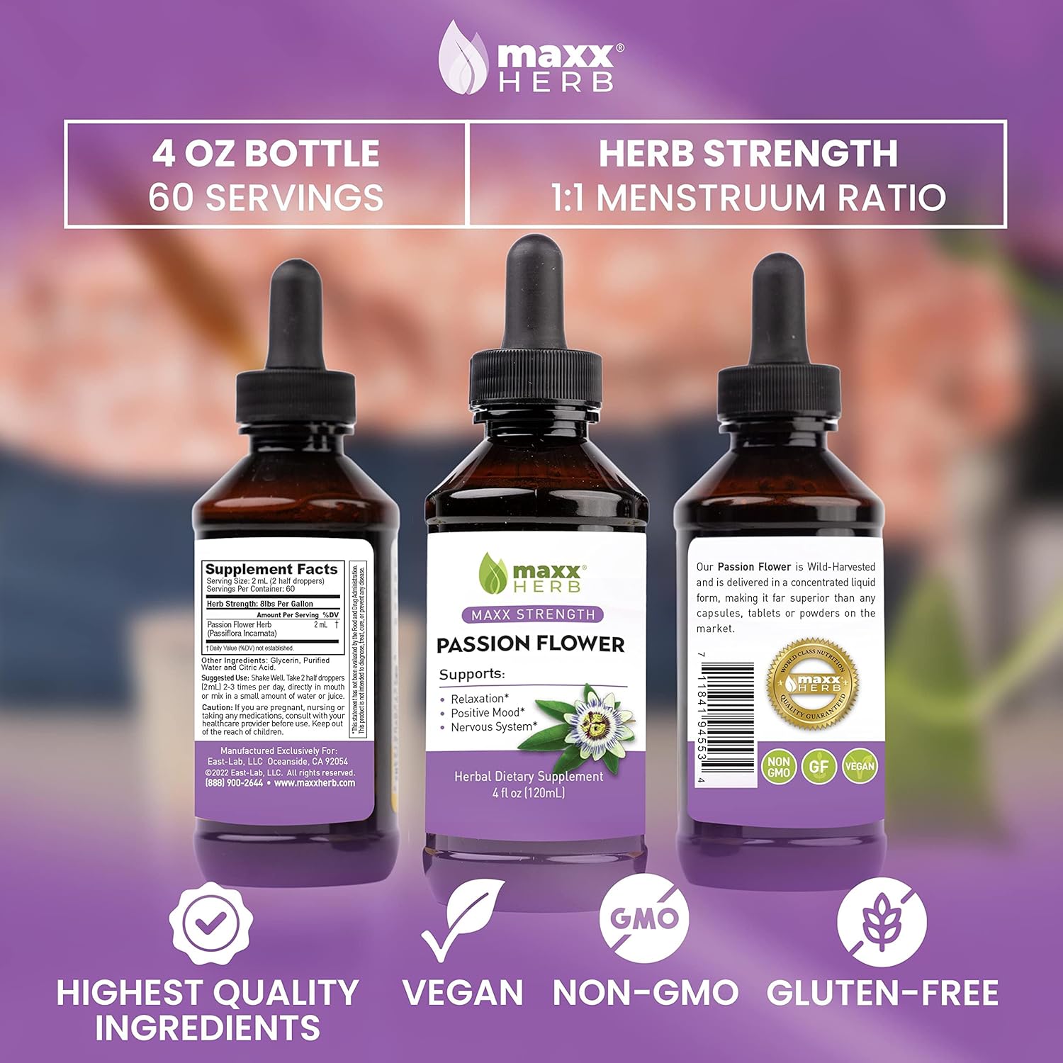 Maxx Herb Passion Flower Extract - High-Potency Liquid for Stress Relief and Relaxation, Alcohol-Free - 4 Bottles, 4 Oz Each (240 Servings)