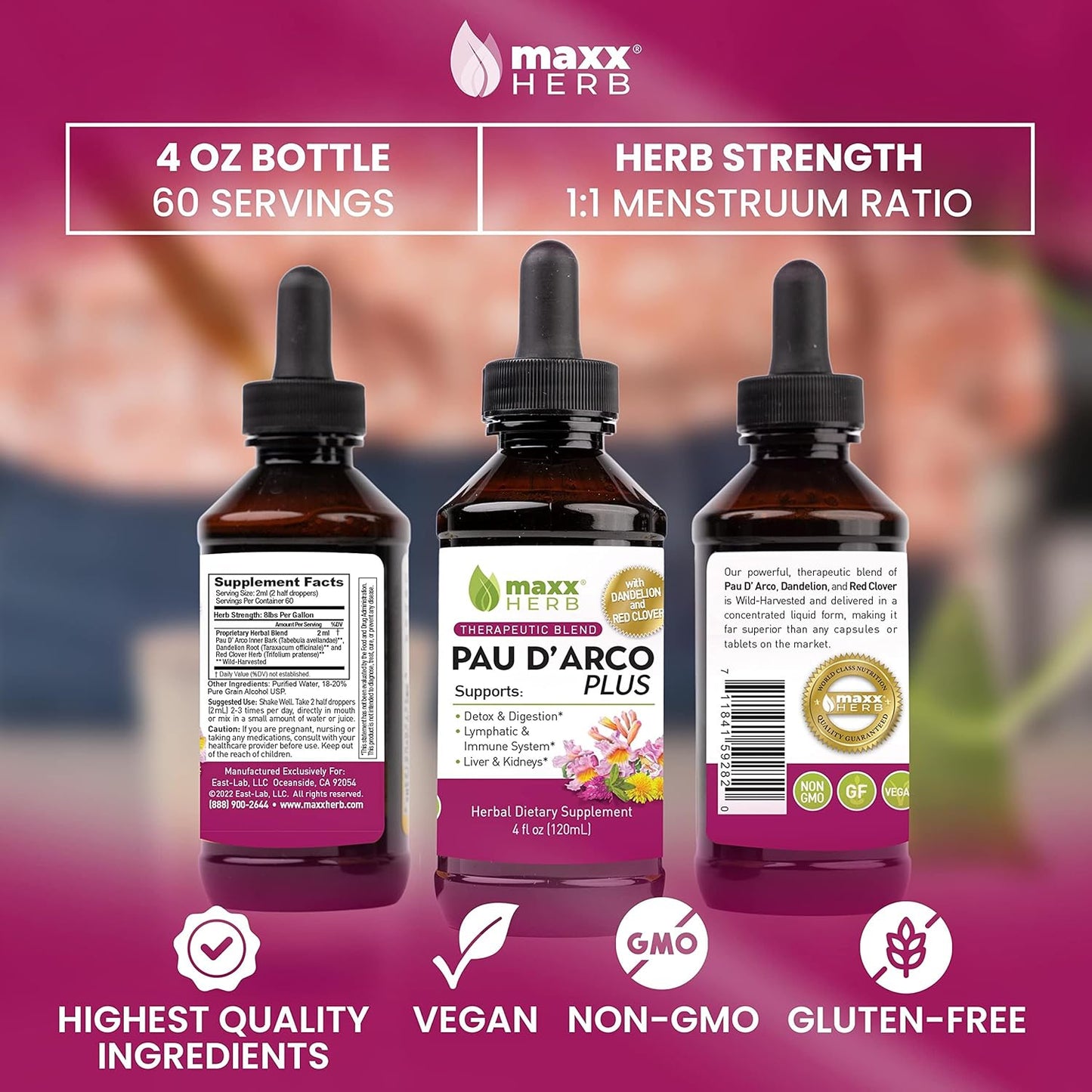 Maxx Herb PAU D'Arco Extract with Dandelion Root & Red Clover Therapeutic Blend for Immune Support - 4 Bottles, 240 Servings