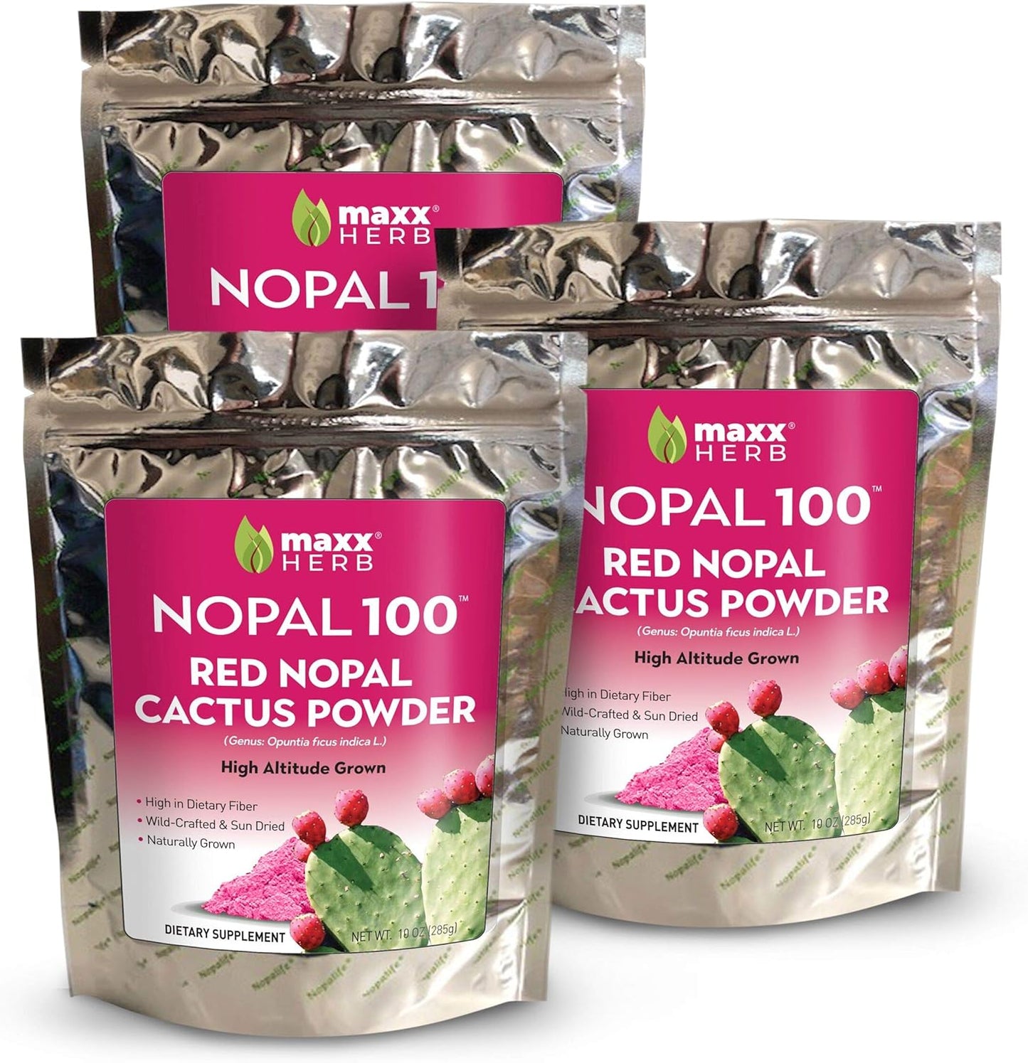 Maxx Herb Red Nopal Cactus & Prickly Pear Powder Blend - Digestion & Immune Support - High Fiber, Vegan, Non-GMO, Gluten-Free - 3 Bags, 10 Oz Each (84 Servings) - 15% Off