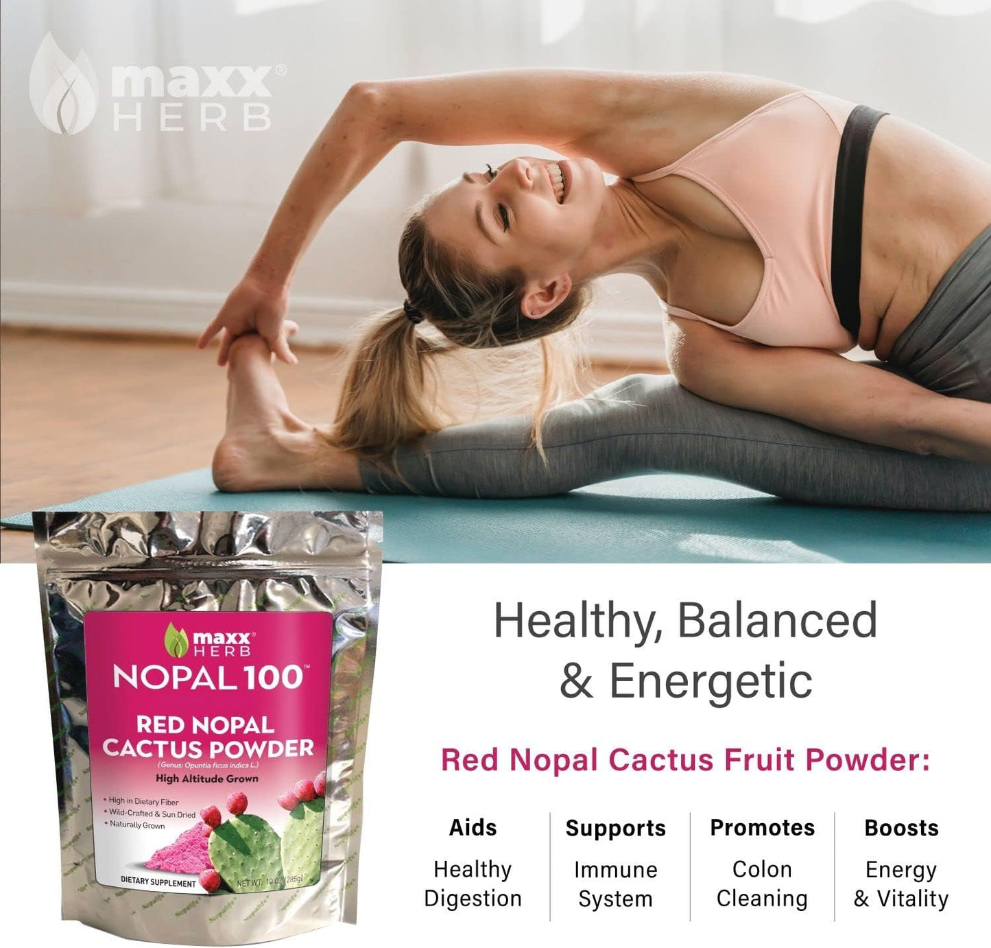 Maxx Herb Red Nopal Cactus & Prickly Pear Powder Blend - Digestion & Immune Support - High Fiber, Vegan, Non-GMO, Gluten-Free - 3 Bags, 10 Oz Each (84 Servings) - 15% Off