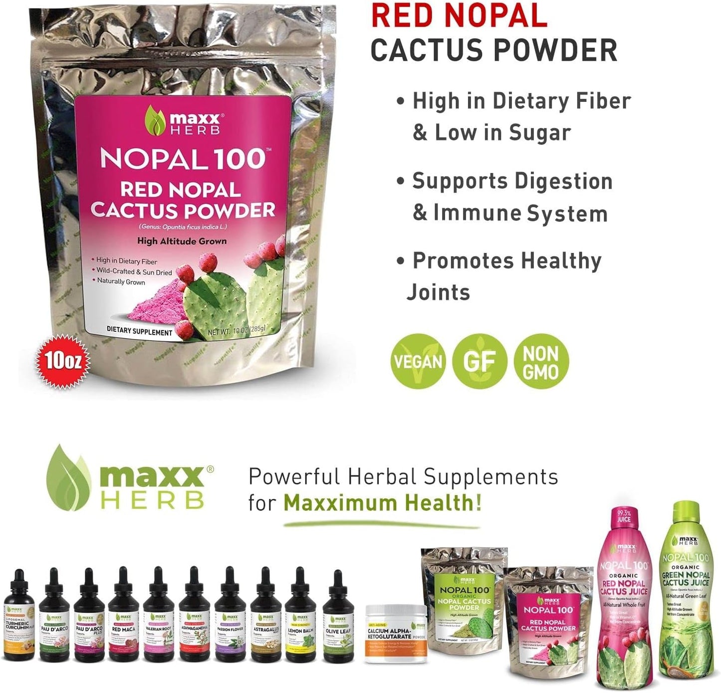 Maxx Herb Red Nopal Cactus & Prickly Pear Powder Blend - Digestion & Immune Support - High Fiber, Vegan, Non-GMO, Gluten-Free - 3 Bags, 10 Oz Each (84 Servings) - 15% Off