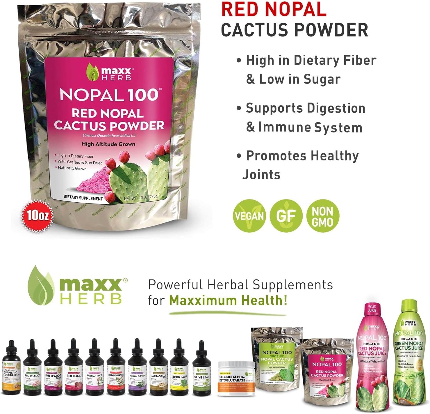 Maxx Herb Red Nopal Cactus & Prickly Pear Powder Blend - Digestion & Immune Support - High Fiber, Vegan, Non-GMO, Gluten-Free - 3 Bags, 10 Oz Each (84 Servings) - 15% Off