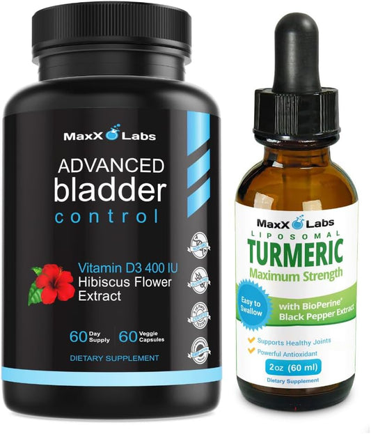 MaxX Labs Bladder Control Supplements for Women & Men + Turmeric Liquid with Black Pepper Extract - 60Ct + 2Oz