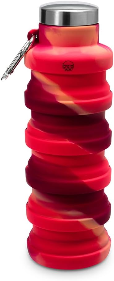 Mayim Collapsible Silicone Travel Tumbler with Clip - Reusable Portable Sport Water Bottle for Gym, Camping, Hiking - 17 Oz Red Tie Dye