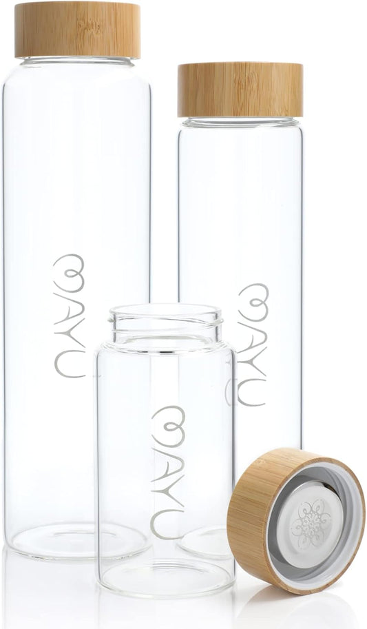 mayu Premium Borosilicate Glass Water Bottles with Bamboo Lid - 3 Size Bundle for Travel, Everyday Use, and Storage | Eco-Friendly and BPA-Free